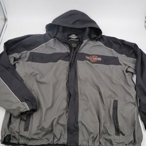 Harley-Davidson Mens 2XL Hooded Windbreaker Jacket Grey Black Mesh Lined Moto